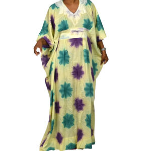 Batik Caftan Dress Yellow Maxi Muumuu Patio Boubou Tie Dye Lounge One Size S M L